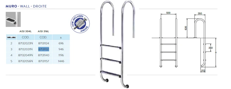 Échelle de piscine standard AISI 316 - 3 marches antidérapantes - accès sécurisé