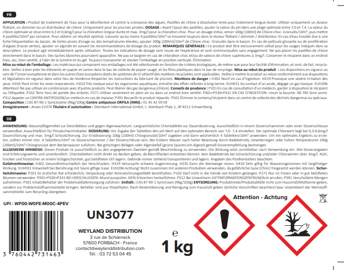Chlore lent en pastilles de 20 g 1kg - Aqualyn
