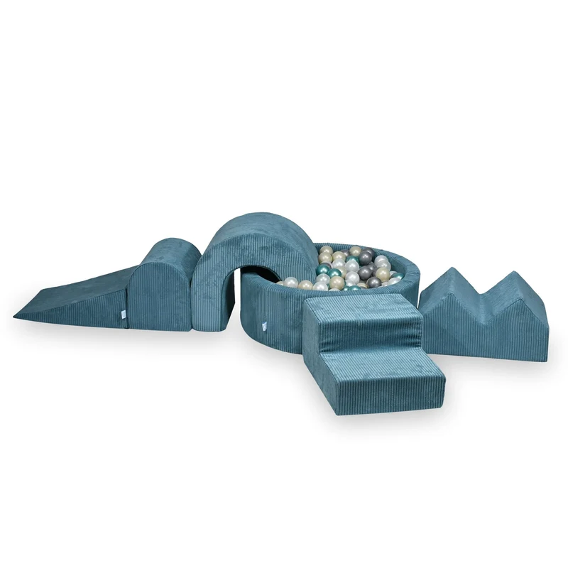 Aire de jeux en mousse avec piscine ronde 90x30 côtelé bleu + 5 éléments + 200 balles