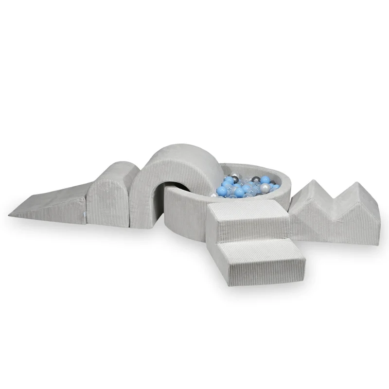Aire de jeux en mousse avec piscine ronde 90x30 côtelé gris + 5 éléments + 200 balles