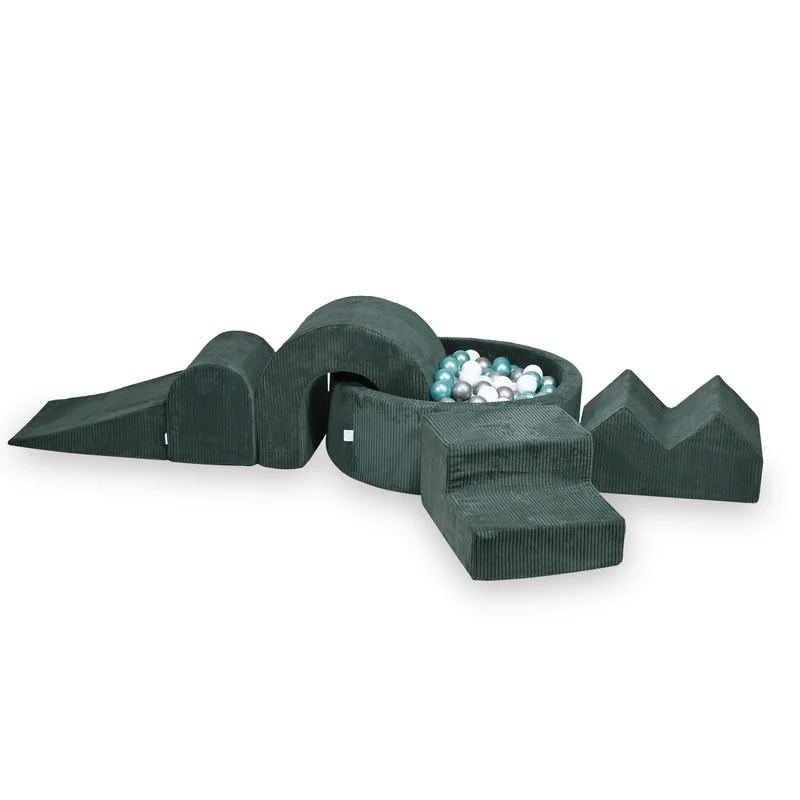 Aire de jeux en mousse avec piscine ronde 90x30 côtelé vert + 5 éléments + 200 balles