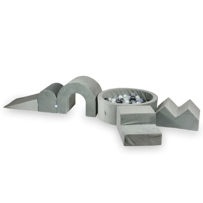 Aire de jeux en mousse avec piscine ronde 90x30 velvet gris + 5 éléments + 200 balles