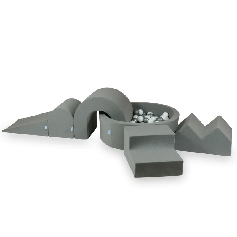 Aire de jeux en mousse avec piscine ronde 90x30 gris + 5 éléments + 200 balles