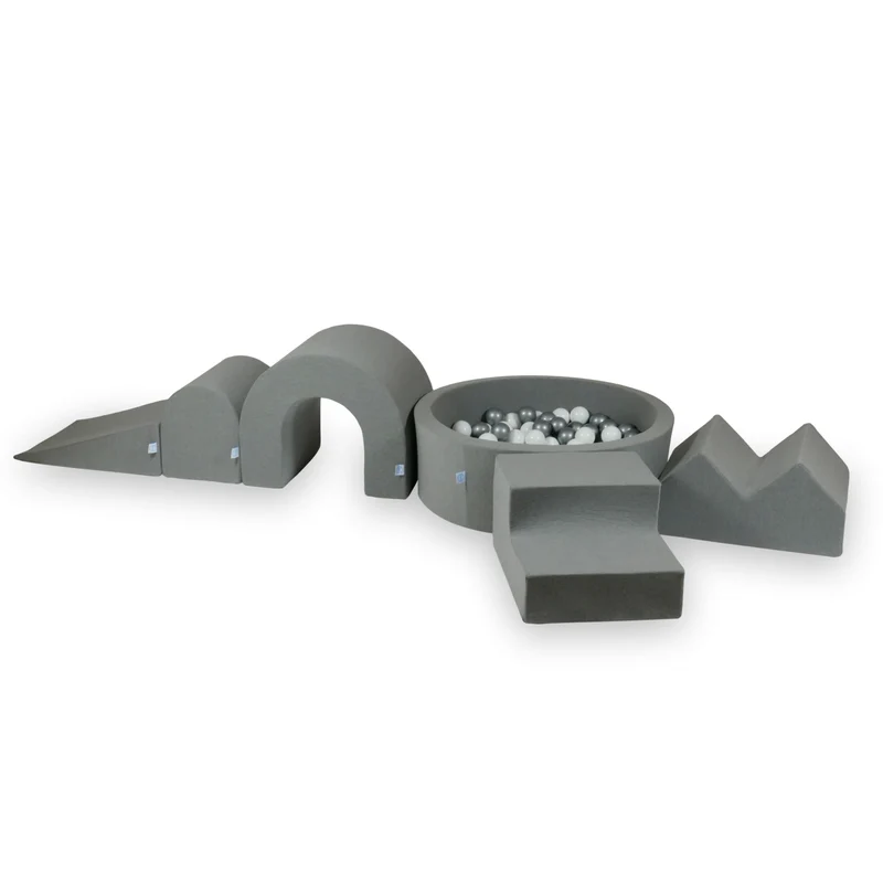 Aire de jeux en mousse avec piscine ronde 90x30 gris + 5 éléments + 200 balles