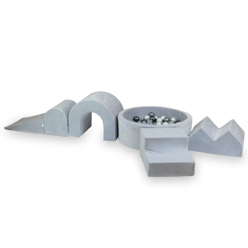 Aire de jeux en mousse avec piscine ronde 90x30 velvet soft gris clair + 5 éléments + 200 balles