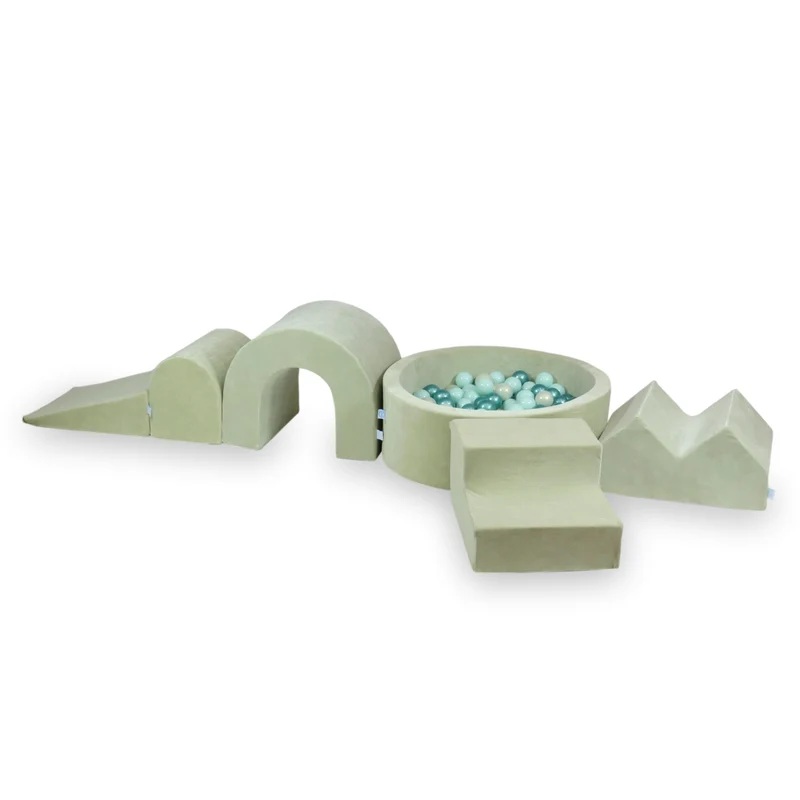 Aire de jeux en mousse avec piscine ronde 90x30 velvet soft pistachio + 5 éléments + 200 balles