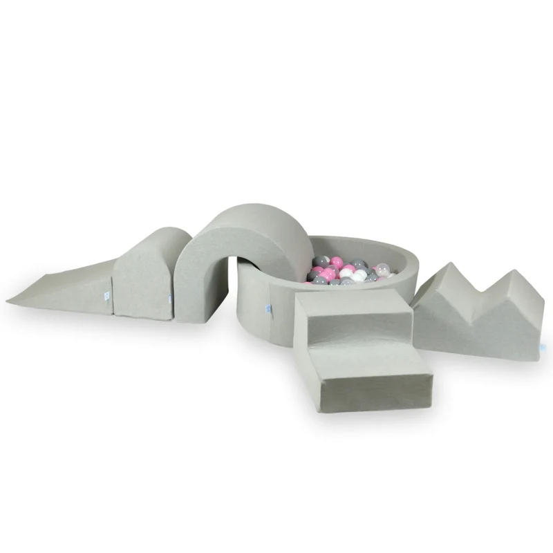 Aire de jeux en mousse avec piscine ronde 90x30 gris clair + 5 éléments + 200 balles