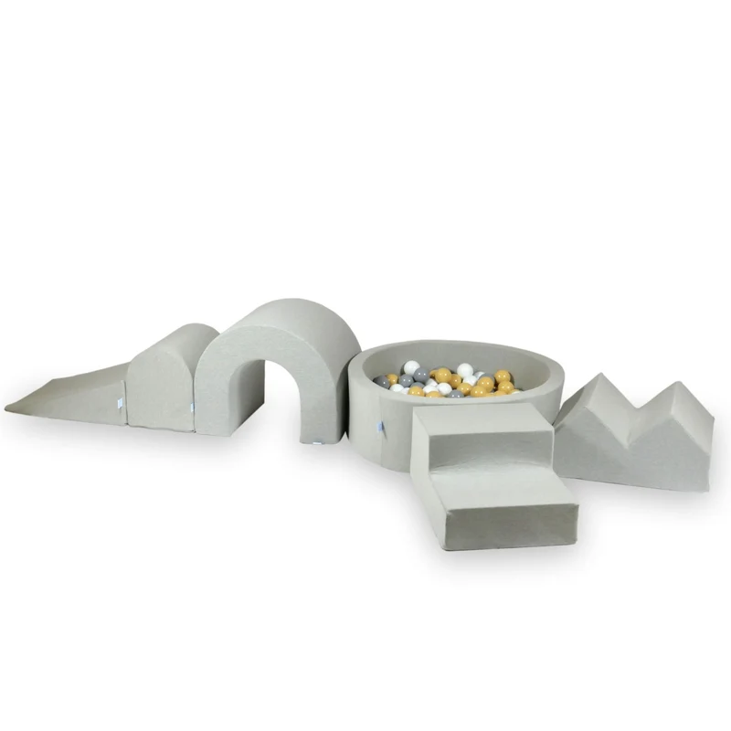 Aire de jeux en mousse avec piscine ronde 90x30 gris clair + 5 éléments + 200 balles