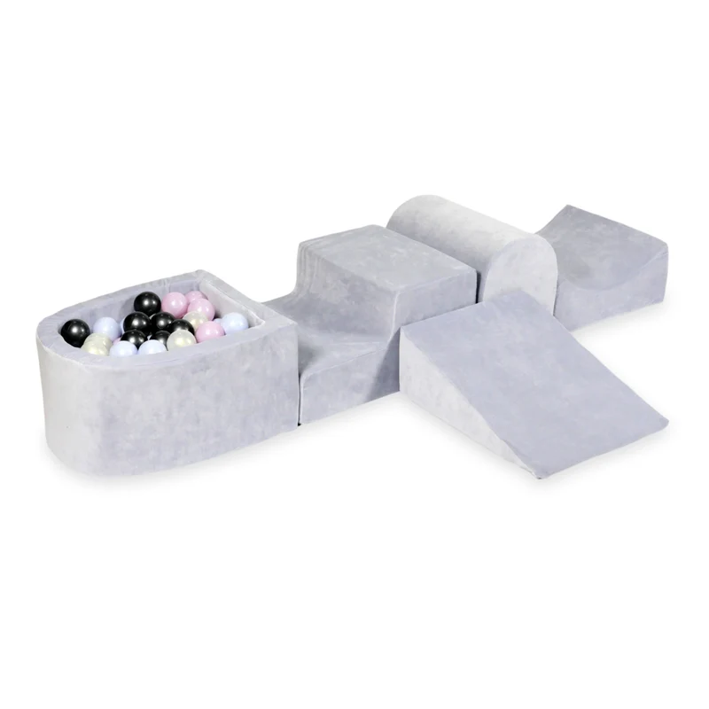 Aire de jeux en mousse avec colline et piscine micro velvet soft gris clair + 100 balles