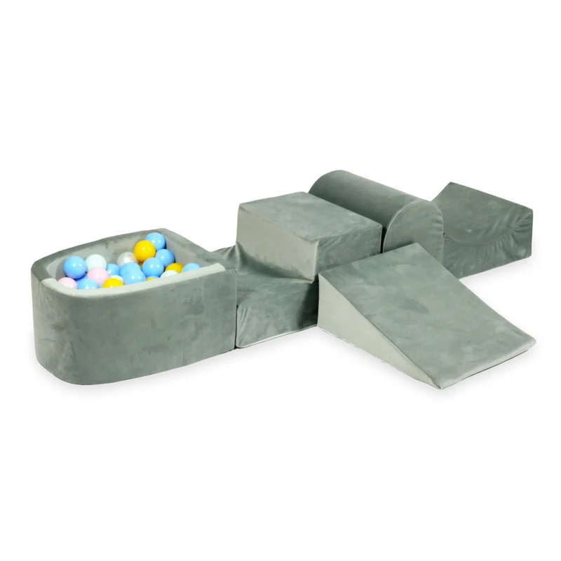 Aire de jeux en mousse avec colline et piscine micro velvet gris + 100 balles