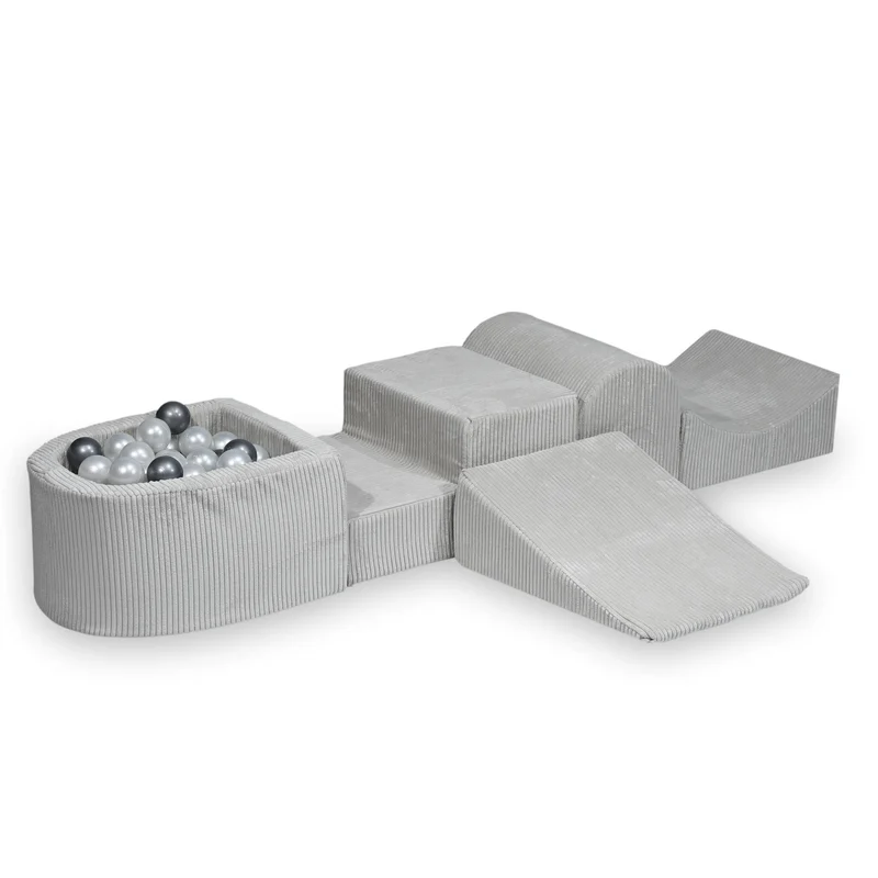 Aire de jeux en mousse avec colline et piscine micro velours côtelé gris + 100 balles
