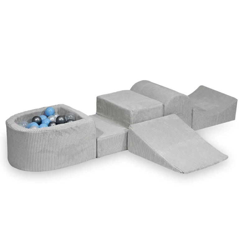Aire de jeux en mousse avec colline et piscine micro velours côtelé gris + 100 balles