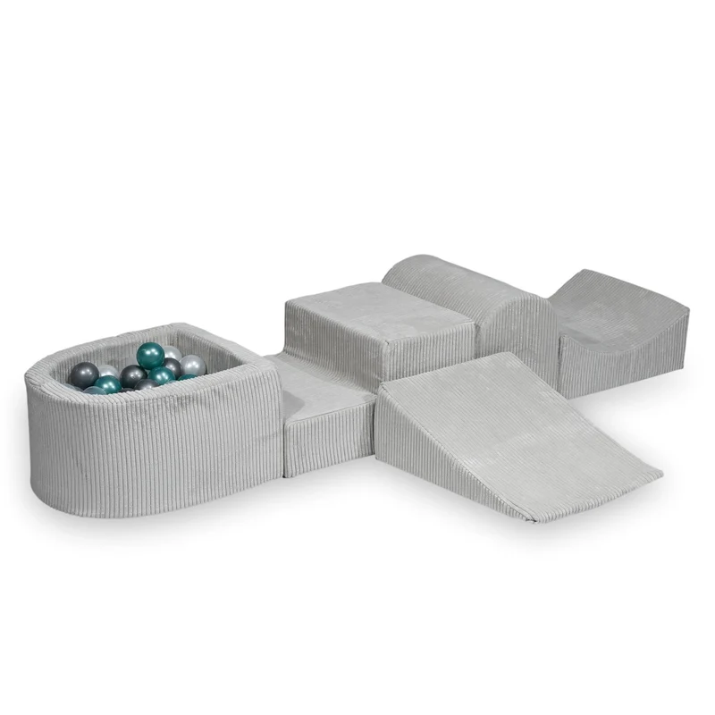 Aire de jeux en mousse avec colline et piscine micro velours côtelé gris + 100 balles