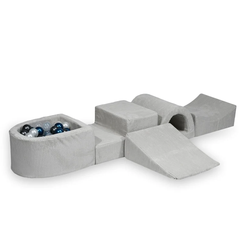 Aire de jeux en mousse avec colline et piscine micro velours côtelé gris + 100 balles