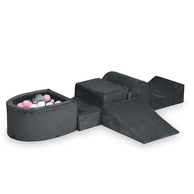 Aire de jeux en mousse avec colline et piscine micro velours côtelé graphite + 100 balles