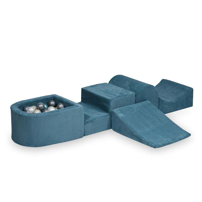 Aire de jeux en mousse avec colline et piscine micro velours côtelé bleu + 100 balles
