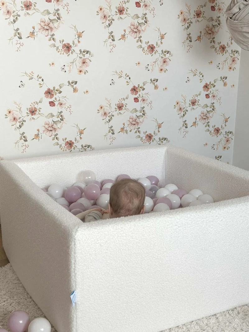 Aire de jeux en mousse avec piscine à balles carrée set de jeu enfant 90x90x40 Boucle Blanc + 400 balles