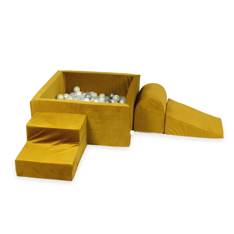 Aire de jeux en mousse avec piscine à balles carrée set de jeu enfant 90x90x40 velvet dore + 400 balles