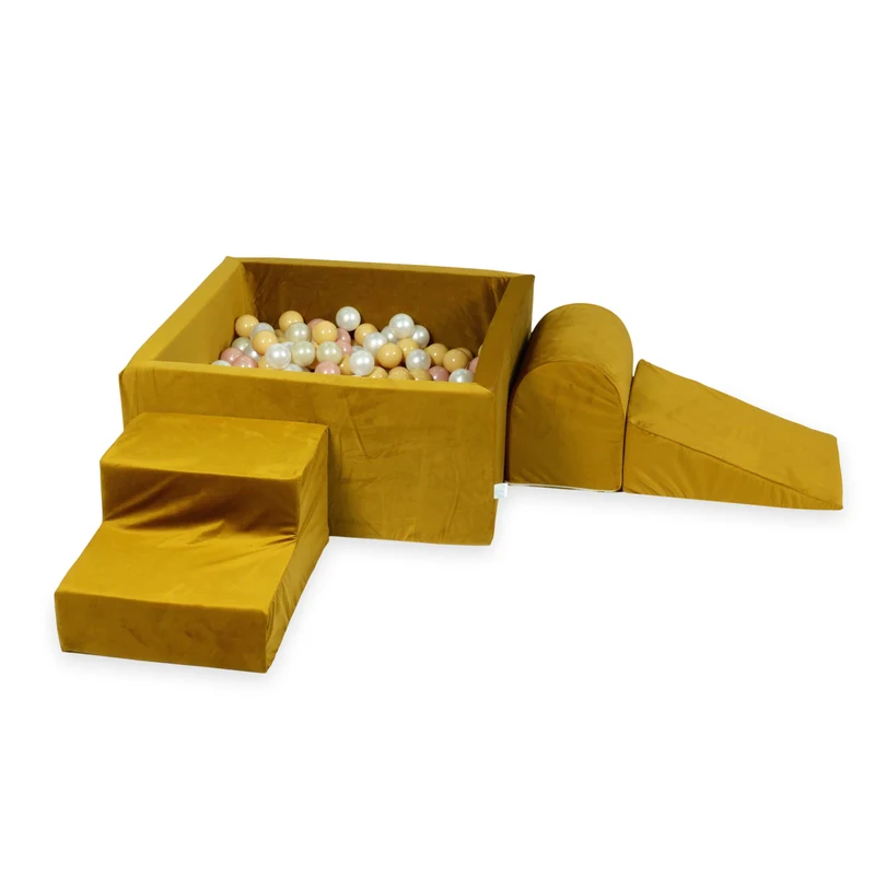 Aire de jeux en mousse avec piscine à balles carrée set de jeu enfant 90x90x40 velvet dore + 400 balles