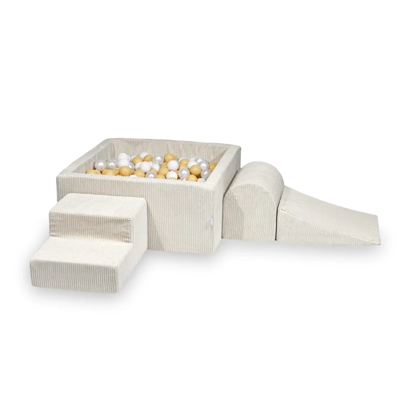 Aire de jeux en mousse avec piscine à balles carrée set de jeu enfant 90x90x40 velours côtelé beige + 400 balles