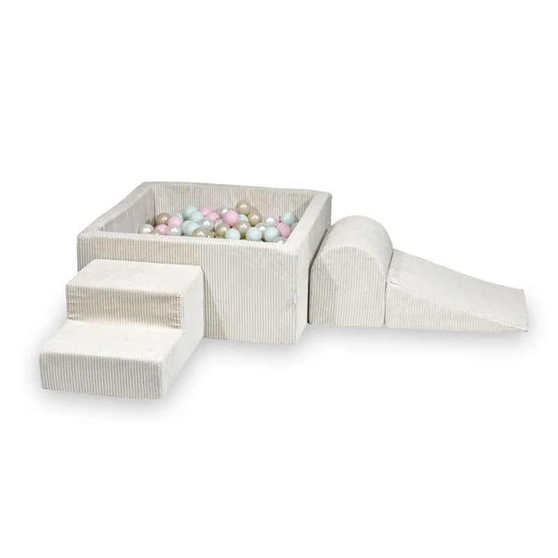 Aire de jeux en mousse avec piscine à balles carrée set de jeu enfant 90x90x40 velours côtelé beige + 400 balles