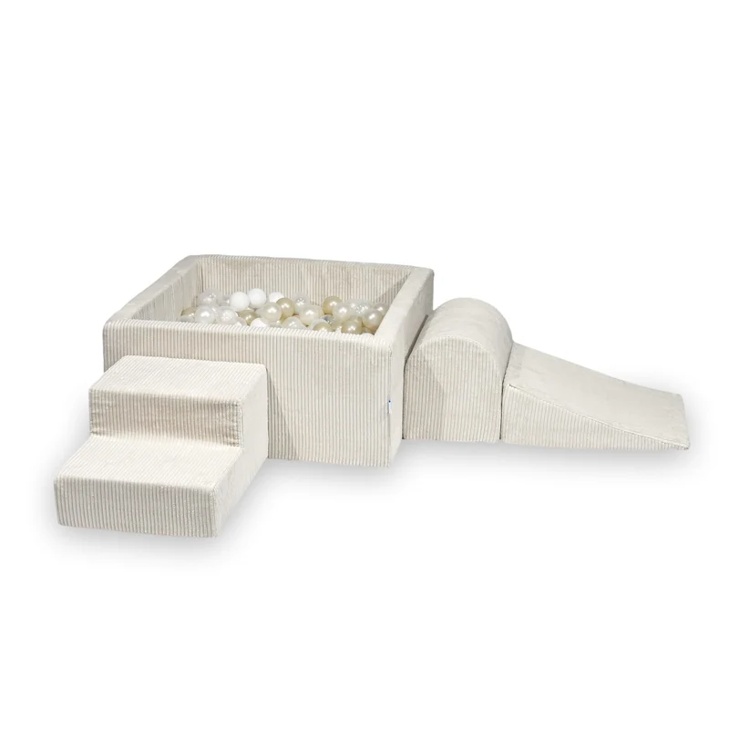 Aire de jeux en mousse avec piscine à balles carrée set de jeu enfant 90x90x40 velours côtelé beige + 400 balles