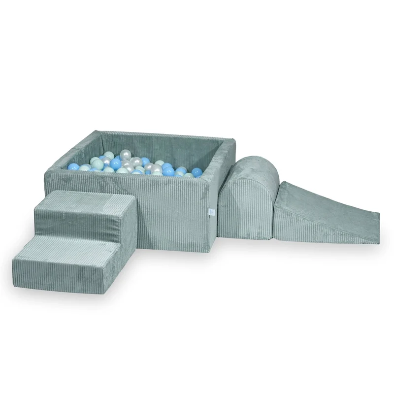 Aire de jeux en mousse avec piscine à balles carrée set de jeu enfant 90x90x40 velours côtelé menthe claire+ 400 balles