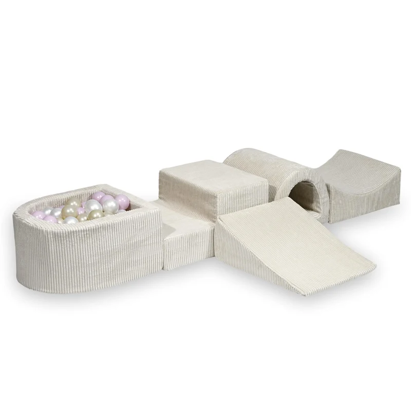 Aire de jeux en mousse avec pont et piscine micro côtelé beige + 100 balles