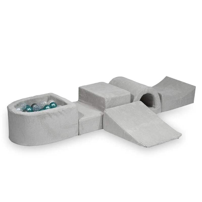 Aire de jeux en mousse avec pont et piscine micro côtelé gris + 100 balles