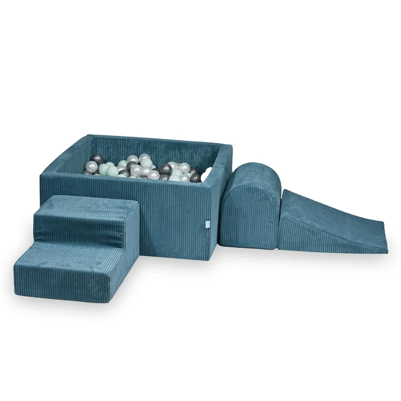 Aire de jeux en mousse avec piscine à balles carrée set de jeu enfant 90x90x40 velours côtelé bleu + 400 balles