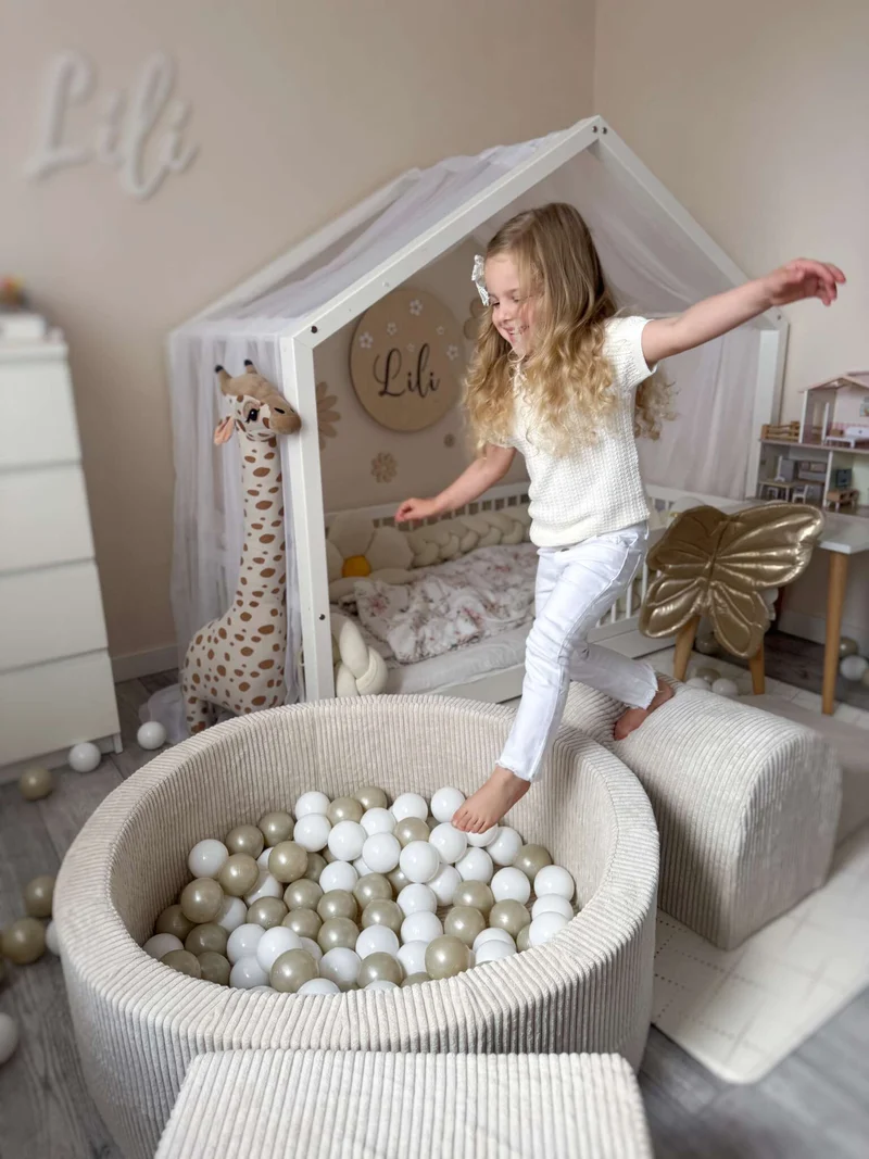 Aire de jeux en mousse avec piscine ronde 90x30 velours côtelé beige + 200 balles