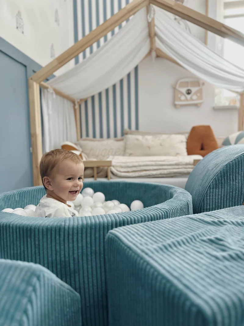 Aire de jeux en mousse avec piscine ronde 90x30 velours côtelé bleu +200 balles