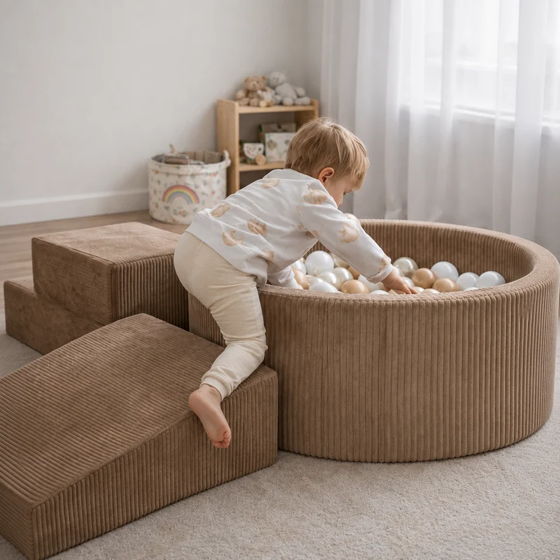 Aire de jeux en mousse avec piscine ronde 90x30 velours côtelé toffee +200 balles