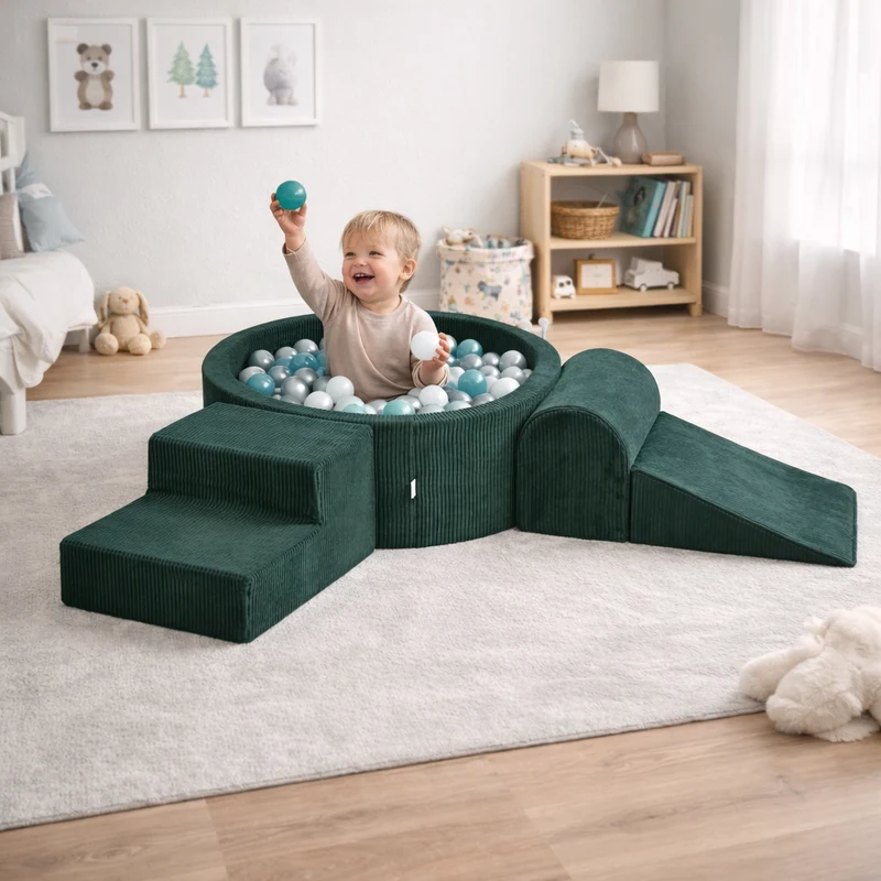 Aire de jeux en mousse avec piscine ronde 90x30 velours côtelé vert +200 balles