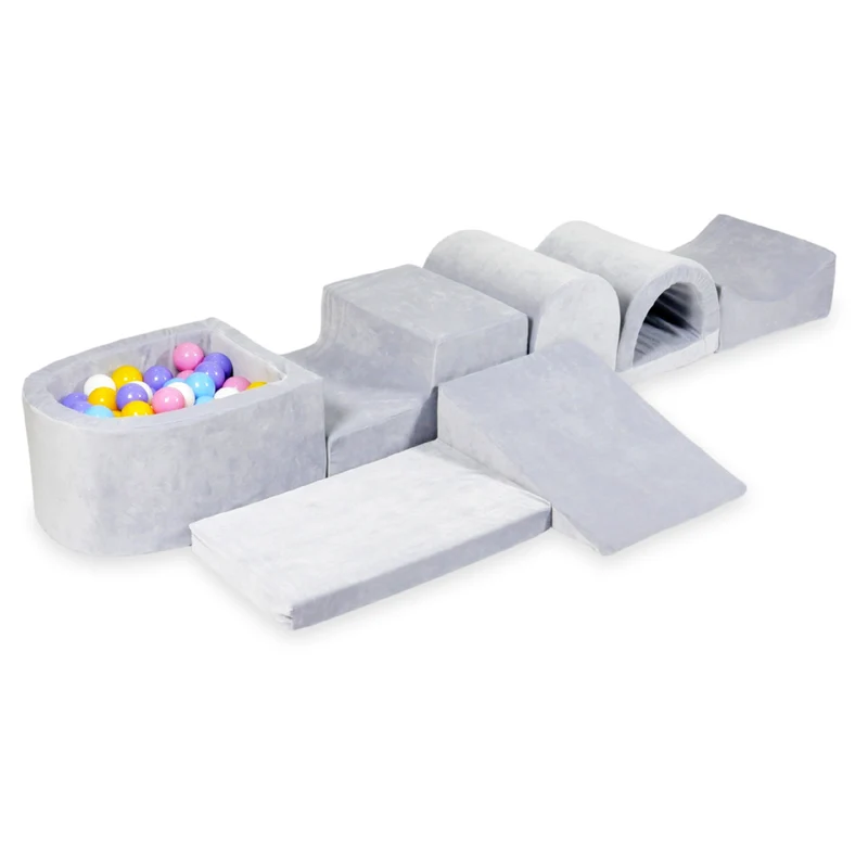 Plus grande aire de jeux en mousse avec piscine micro velvet soft gris clair + 100 balles