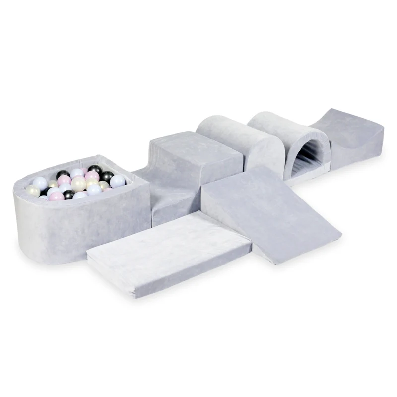 Plus grande aire de jeux en mousse avec piscine micro velvet soft gris clair + 100 balles