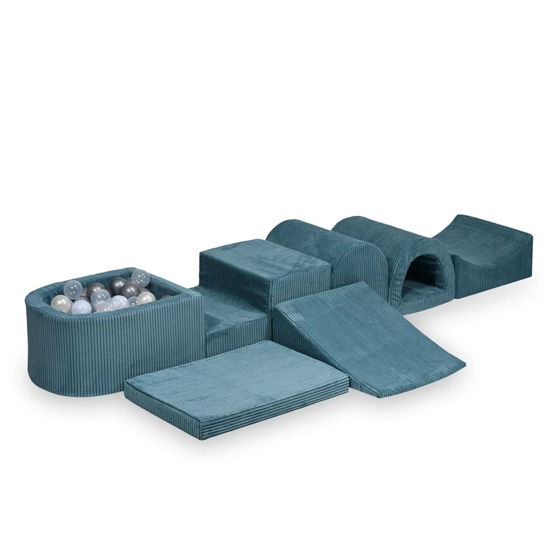 Plus grande aire de jeux en mousse avec piscine micro côtelé bleu + 100 balles