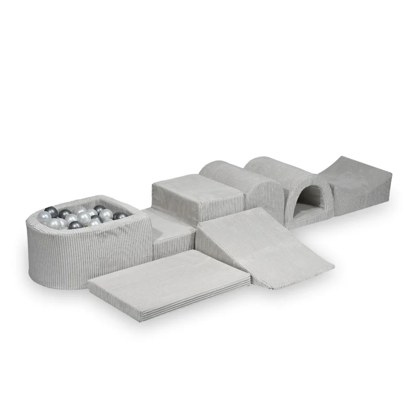 Plus grande aire de jeux en mousse avec piscine micro côtelé gris + 100 balles