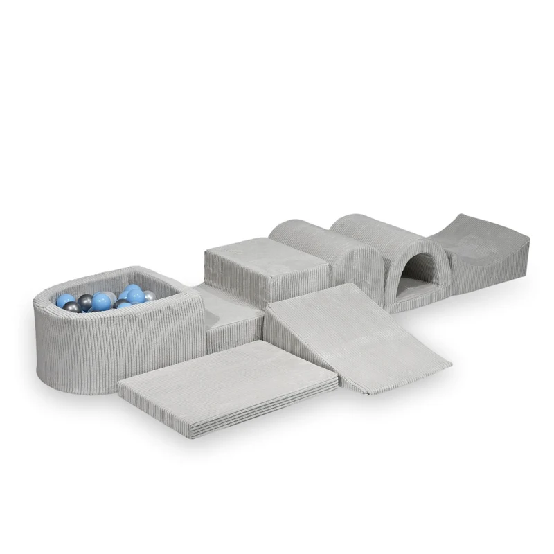 Plus grande aire de jeux en mousse avec piscine micro côtelé gris + 100 balles