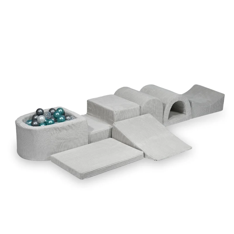 Plus grande aire de jeux en mousse avec piscine micro côtelé gris + 100 balles
