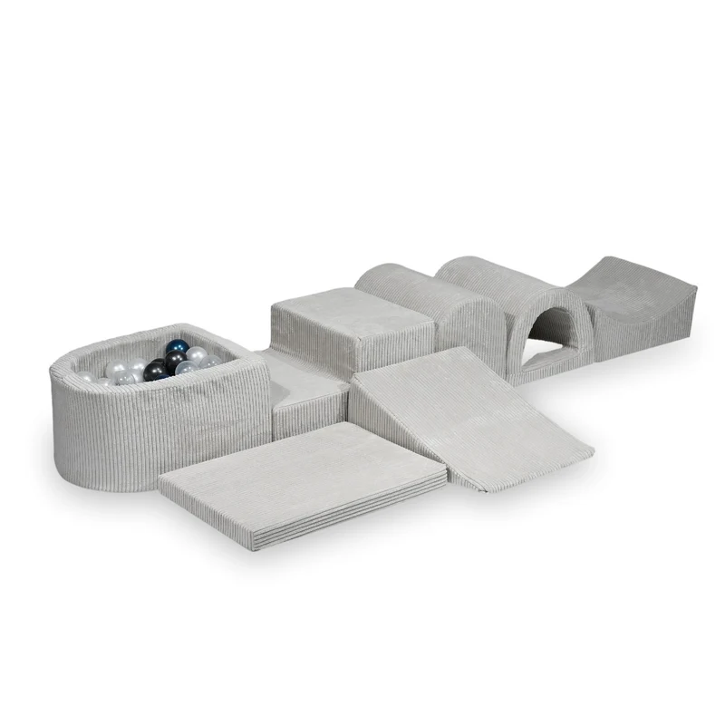 Plus grande aire de jeux en mousse avec piscine micro côtelé gris + 100 balles