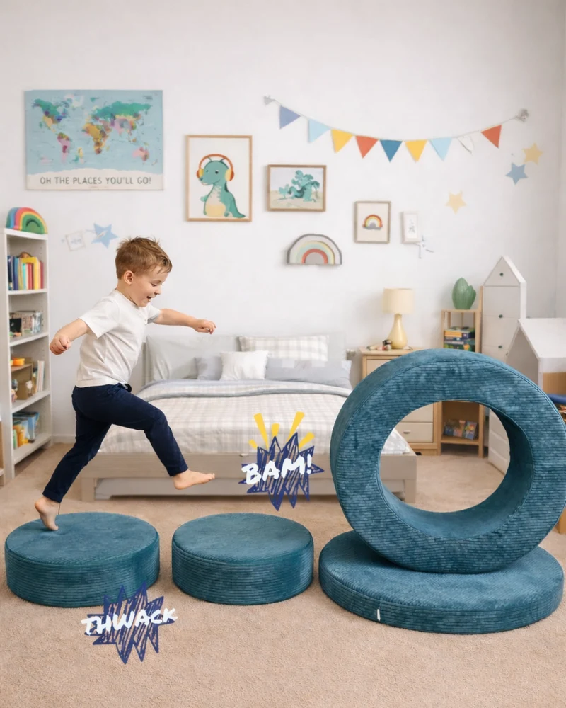 Donut Pouf Modular 4-piece play pouf in velours côtelé