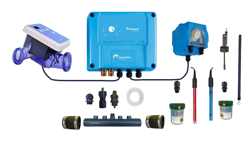 Kit bricolage d'électrolyse au sel SR avec contrôle pH, RX - Piscine jusqu'à 150m³ - Wi-Fi | Écran - Contrôle débit/niveau en option