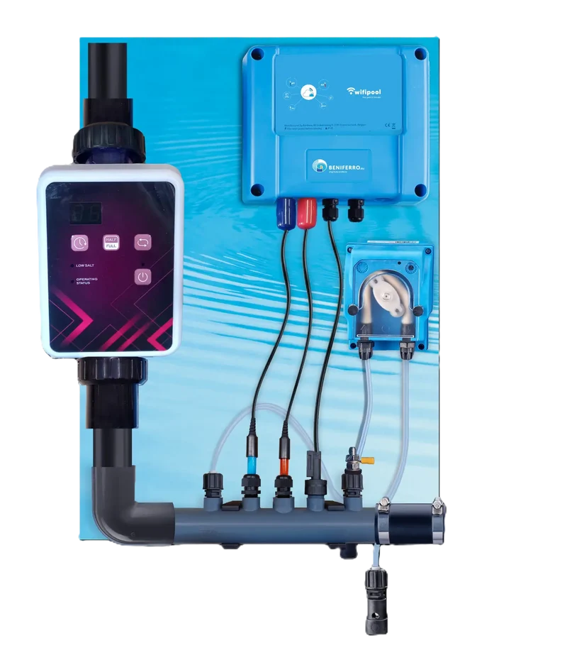 Électrolyse au sel SR pré-assemblée avec contrôle du pH, RX - Piscines jusqu'à 150 m³ - Wi-Fi | Écran - Contrôle du débit/niveau en option