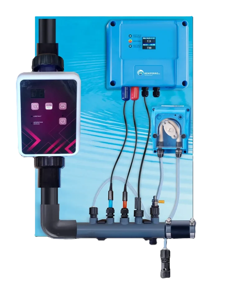 Électrolyse au sel SR pré-assemblée avec contrôle du pH, RX - Piscines jusqu'à 150 m³ - Wi-Fi | Écran - Contrôle du débit/niveau en option