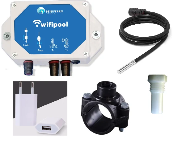 Module WiFiPOOL TLF + sonde température + support perçage 50mm | 1/2 pouce + porte-sonde + transformateur USB - Kit à monter soi-même