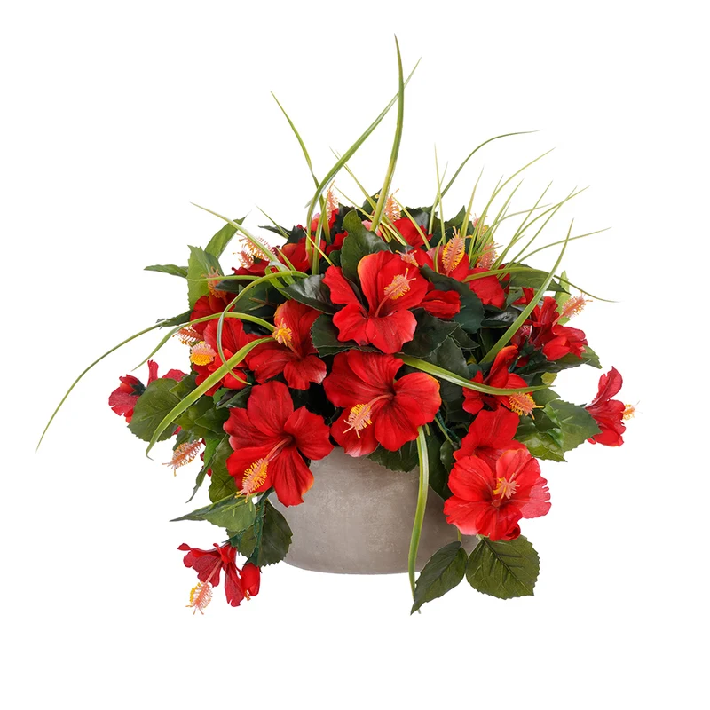 Centre de Table Hibiscus Rouges Pot Béton