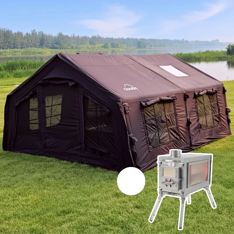 Coody Familia AirTent 17.2 Black – Large Inflatable Hot Tent with Stove Jack for Camping, 2–10 People + RBM Outdoors Caminus M Wood Stove