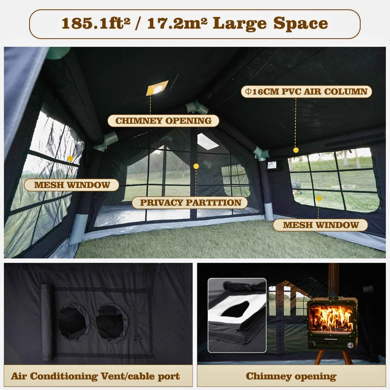 Coody Familia AirTent 17.2 Black – Large Inflatable Hot Tent with Stove Jack for Camping, 2–10 People