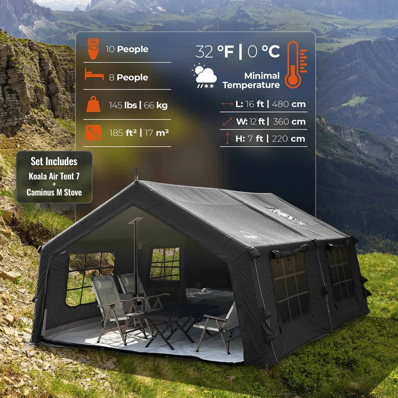Coody Familia AirTent 17.2 Black – Large Inflatable Hot Tent with Stove Jack for Camping, 2–10 People + RBM Outdoors Caminus M Wood Stove